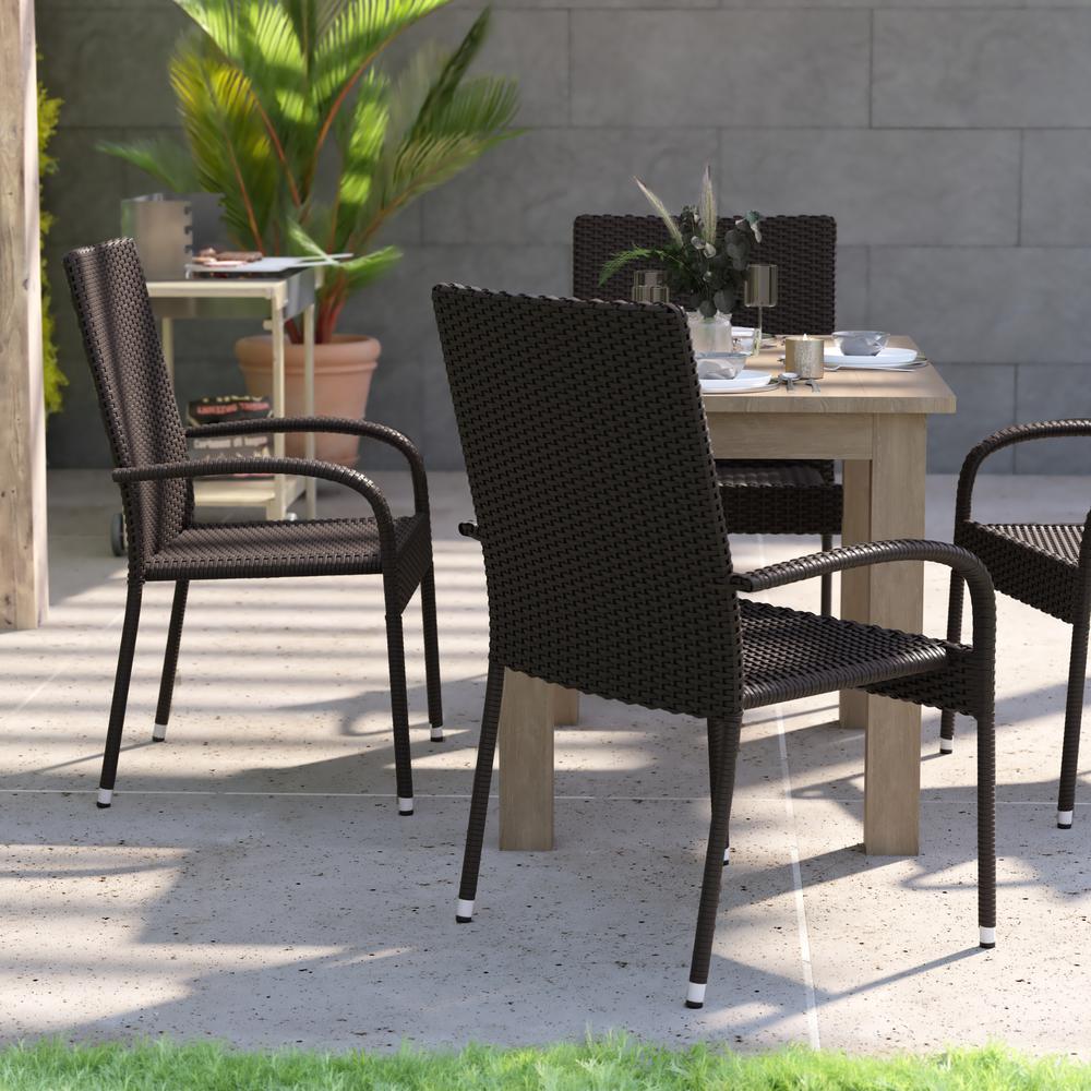 Maxim Set of 4 Stackable Indoor/Outdoor Wicker Dining Chairs with Arms - Fade & Weather-Resistant Steel Frames - Espresso. Picture 7