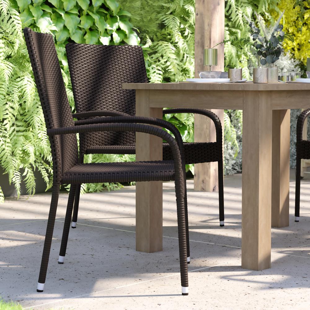 Maxim Set of 4 Stackable Indoor/Outdoor Wicker Dining Chairs with Arms - Fade & Weather-Resistant Steel Frames - Espresso. Picture 8