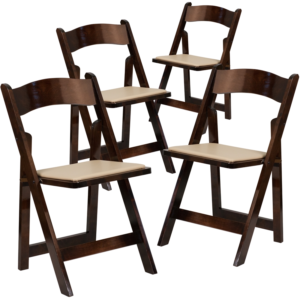 4 Pk. HERCULES Series Fruitwood Wood Folding Chair with Vinyl Padded Seat. Picture 1