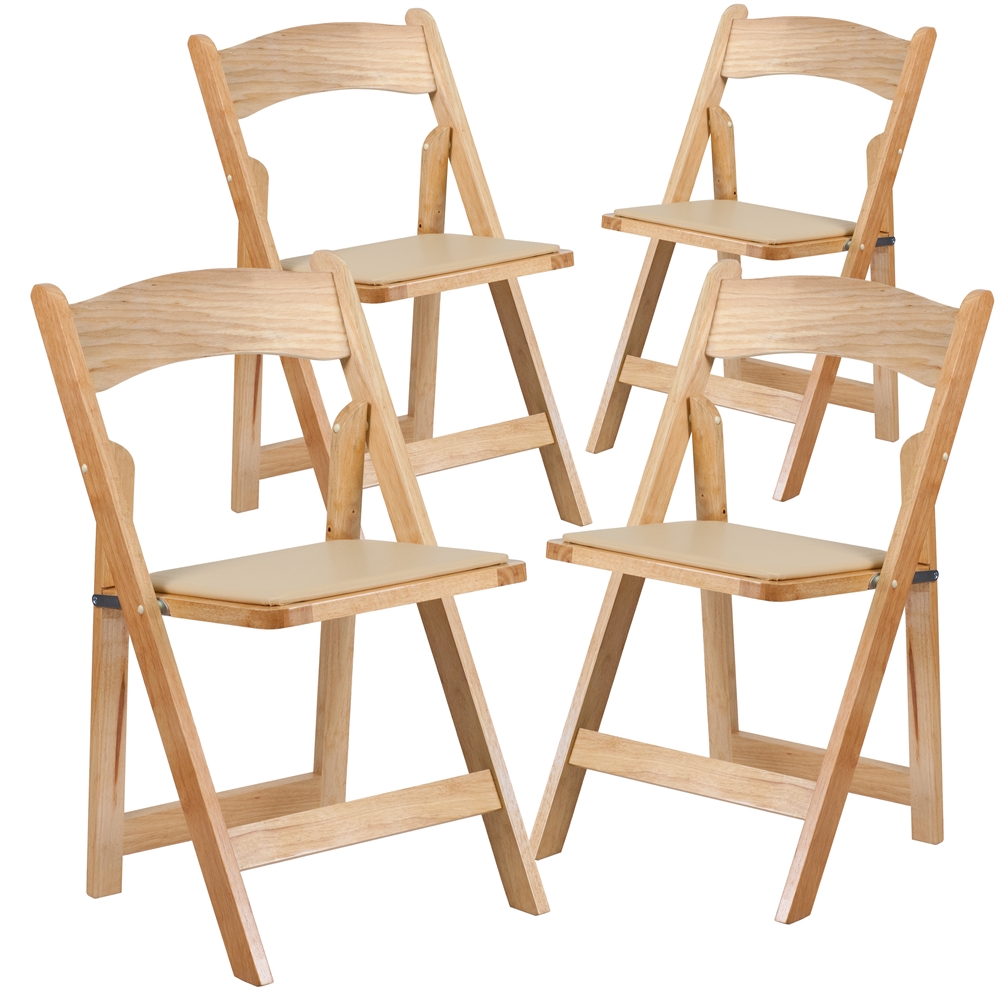 4 Pk Hercules Series Natural Wood Folding Chair With Vinyl Padded Seat