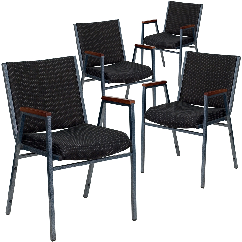 4 Pk. HERCULES Series Heavy Duty, 3'' Thickly Padded, Black Patterned Upholstered Stack Chair with Arms. Picture 1