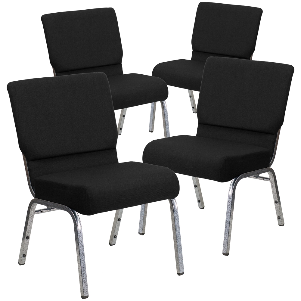 4 Pk. HERCULES Series 21'' Extra Wide Black Fabric Stacking Church Chair with 3.75'' Thick Seat - Silver Vein Frame. Picture 1