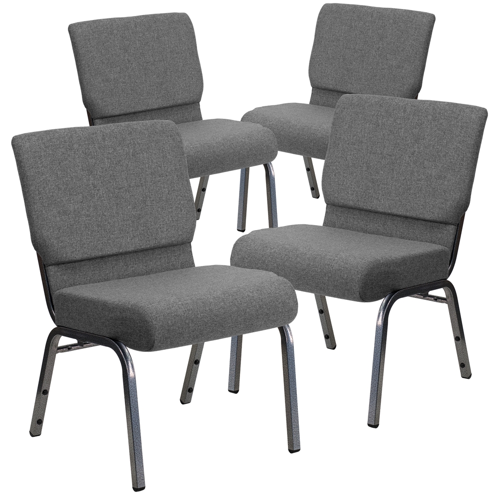4 Pk. HERCULES Series 21'' Extra Wide Gray Fabric Stacking Church Chair with 3.75'' Thick Seat - Silver Vein Frame. Picture 1