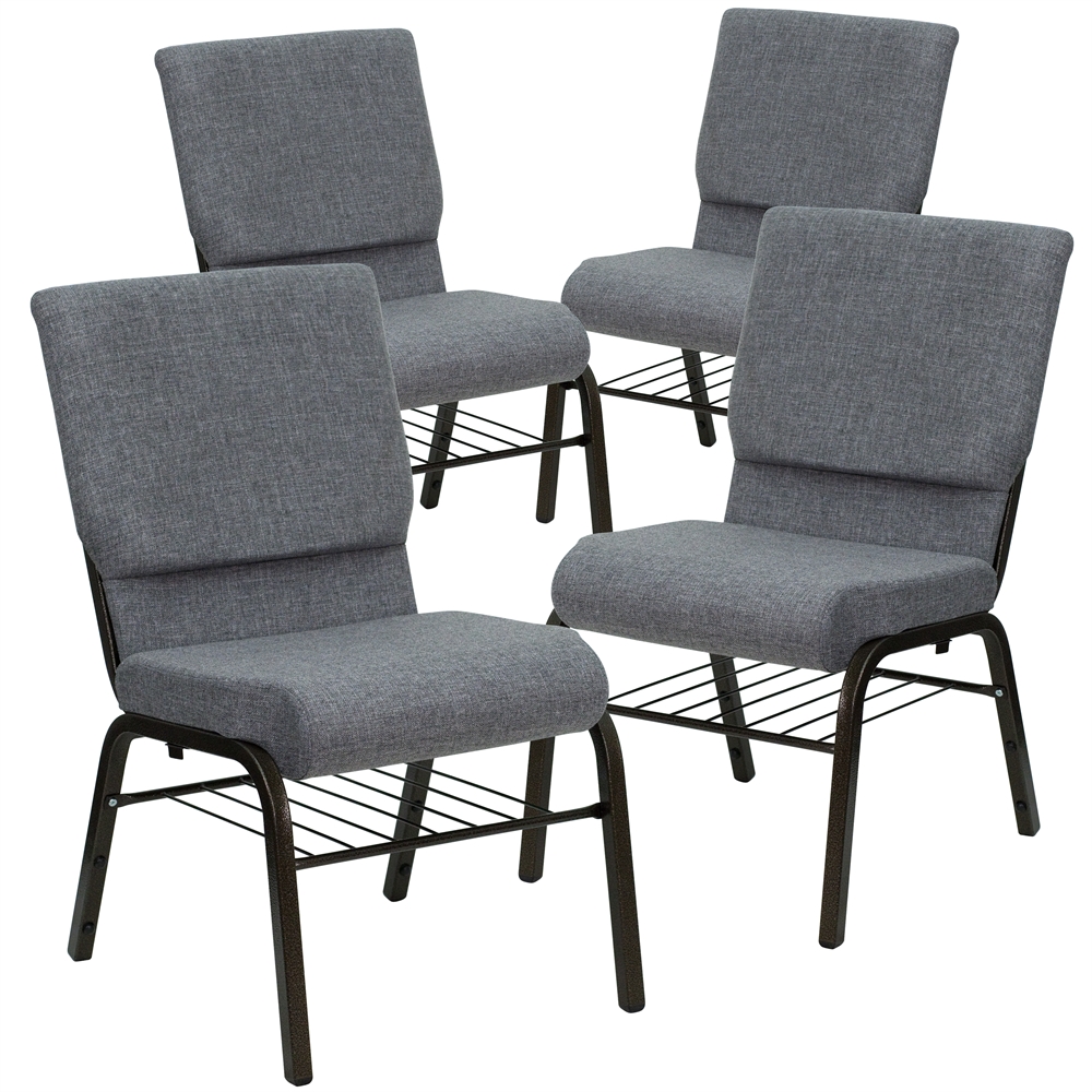 4 Pk. HERCULES Series 18.5''W Gray Fabric Church Chair with 4.25'' Thick Seat, Book Rack - Gold Vein Frame. Picture 1