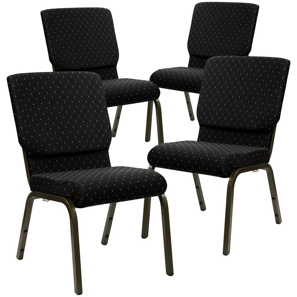 4 Pk. HERCULES Series 18.5''W Black Dot Patterned Fabric Stacking Church Chair with 4.25'' Thick Seat - Gold Vein Frame. Picture 1