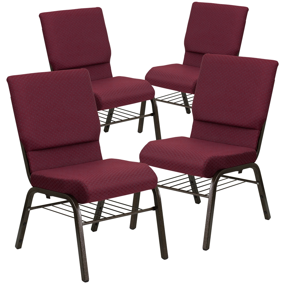 4 Pk. HERCULES Series 18.5''W Burgundy Patterned Fabric Church Chair with 4.25'' Thick Seat, Book Rack - Gold Vein Frame. Picture 1