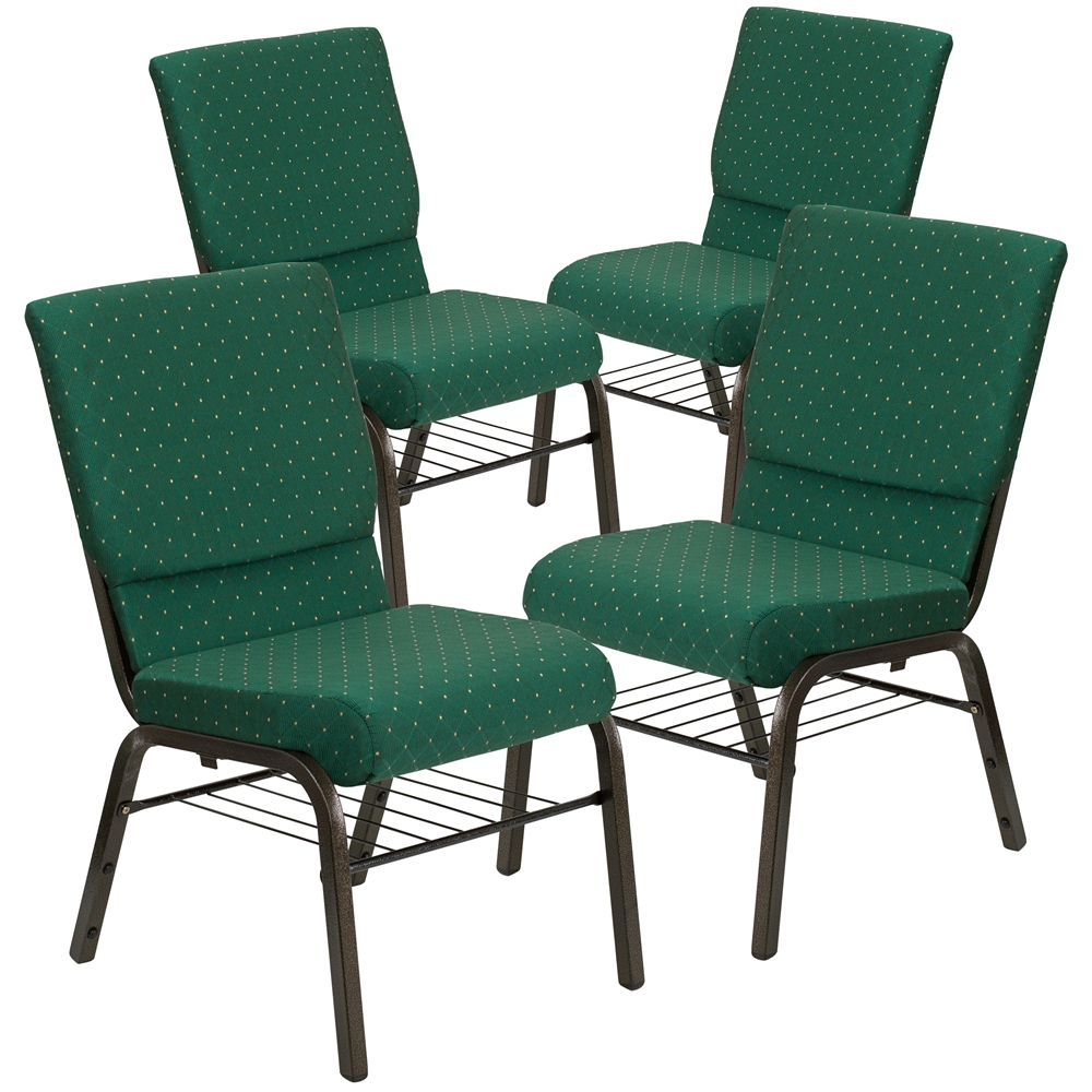4 Pk. HERCULES Series 18.5''W Green Patterned Fabric Church Chair with 4.25'' Thick Seat, Book Rack - Gold Vein Frame. Picture 1