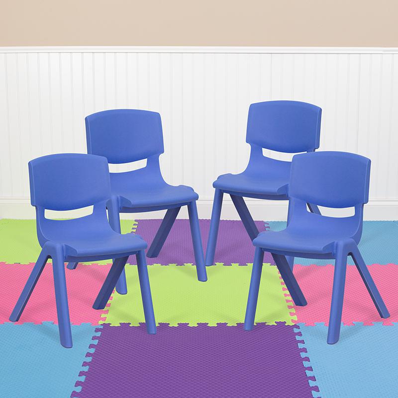 4 Pack Blue Plastic Stackable School Chair with 12'' Seat Height. Picture 1