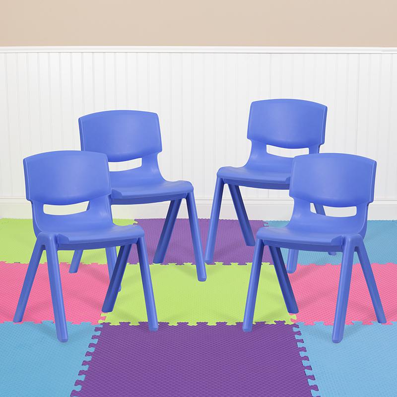 4 Pack Blue Plastic Stackable School Chair with 13.25'' Seat Height. Picture 1