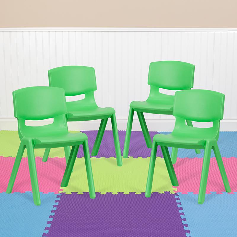 4 Pack Green Plastic Stackable School Chair with 13.25'' Seat Height. Picture 1