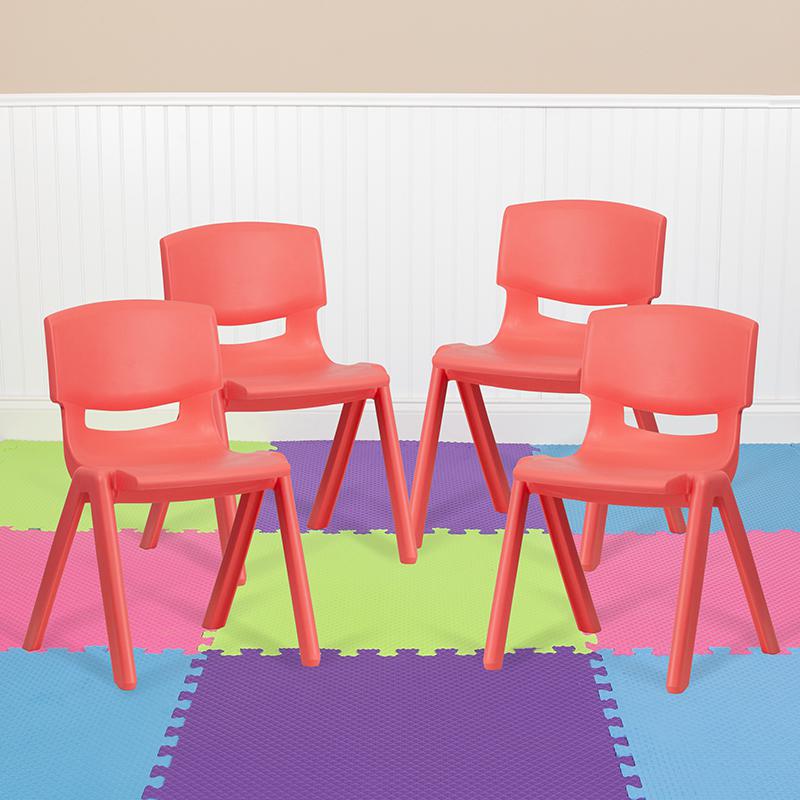 4 Pack Red Plastic Stackable School Chair with 13.25'' Seat Height. Picture 1