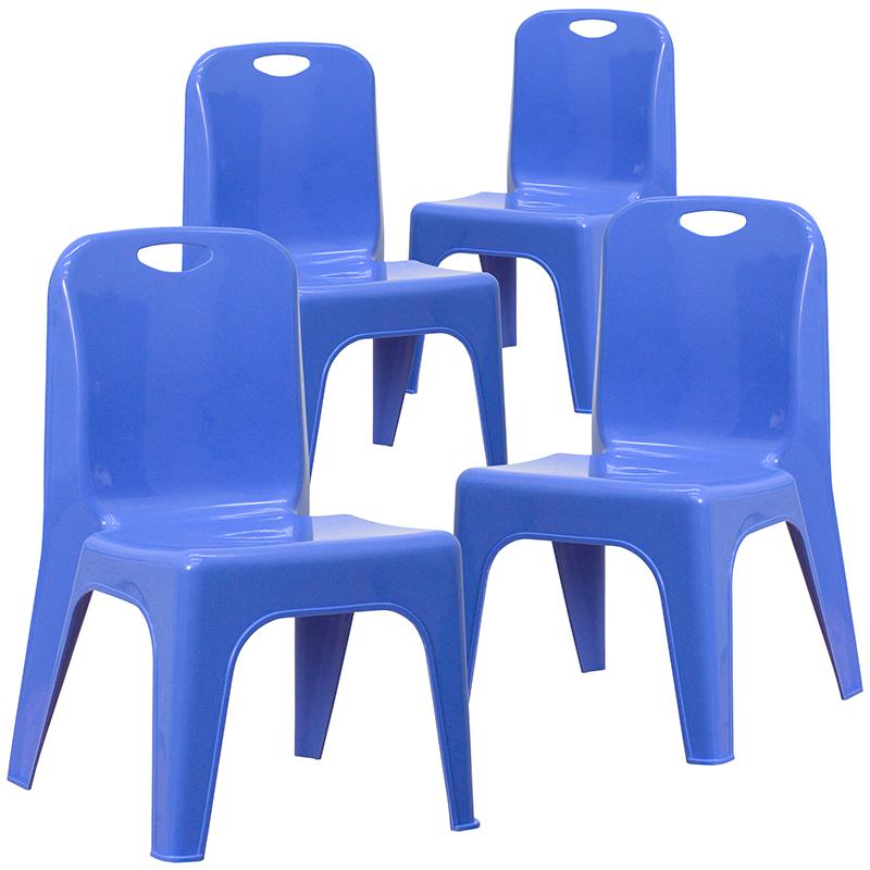 4 Pack Blue Plastic Stackable School Chair with Carrying Handle and 11'' Seat Height. Picture 3