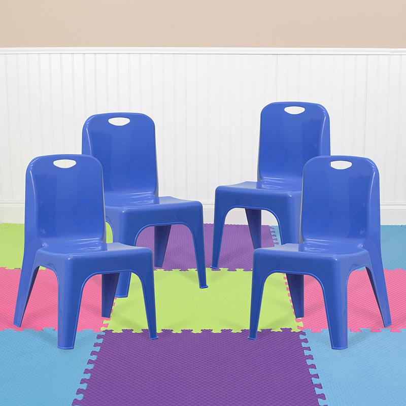 4 Pack Blue Plastic Stackable School Chair with Carrying Handle and 11'' Seat Height. Picture 1