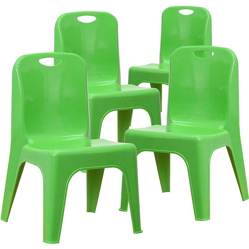 4 Pack Green Plastic Stackable School Chair with Carrying Handle and 11'' Seat Height. Picture 3