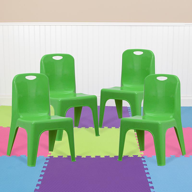 4 Pack Green Plastic Stackable School Chair with Carrying Handle and 11'' Seat Height. Picture 1