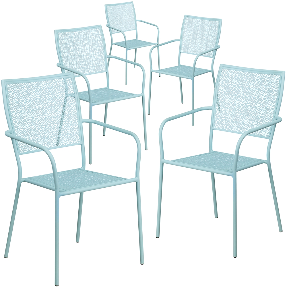 5 Pk. Sky Blue Indoor-Outdoor Steel Patio Arm Chair with Square Back. Picture 1