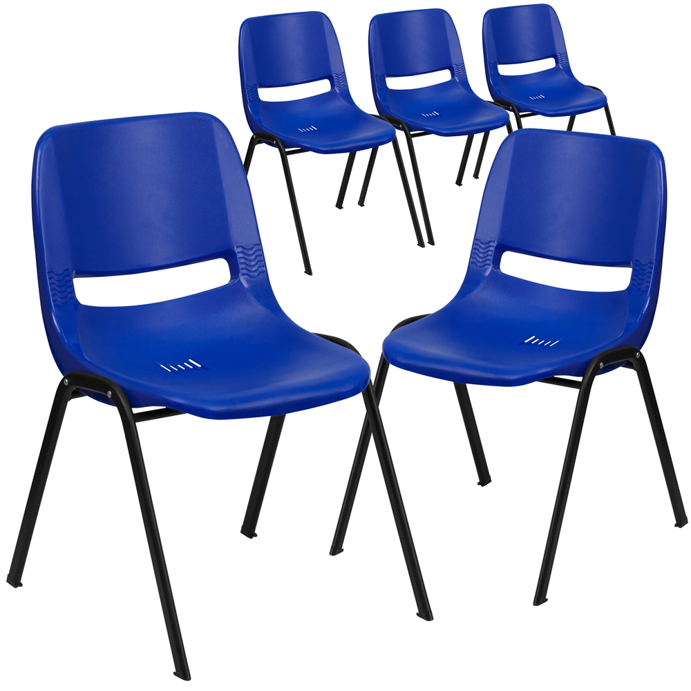 5 Pk. HERCULES Series 440 lb. Capacity Navy Ergonomic Shell Stack Chair with Black Frame and 12'' Seat Height. Picture 1