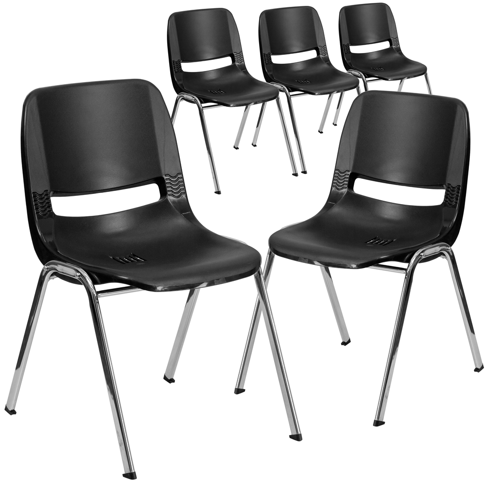 5 Pk. HERCULES Series 440 lb. Capacity Black Ergonomic Shell Stack Chair with Chrome Frame and 14'' Seat Height. The main picture.