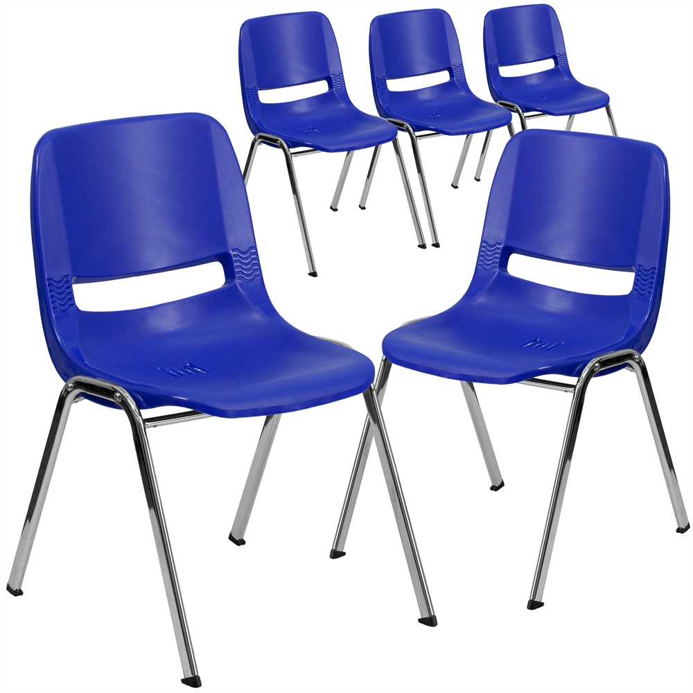 5 Pk. HERCULES Series 440 lb. Capacity Navy Ergonomic Shell Stack Chair with Chrome Frame and 14'' Seat Height. Picture 1