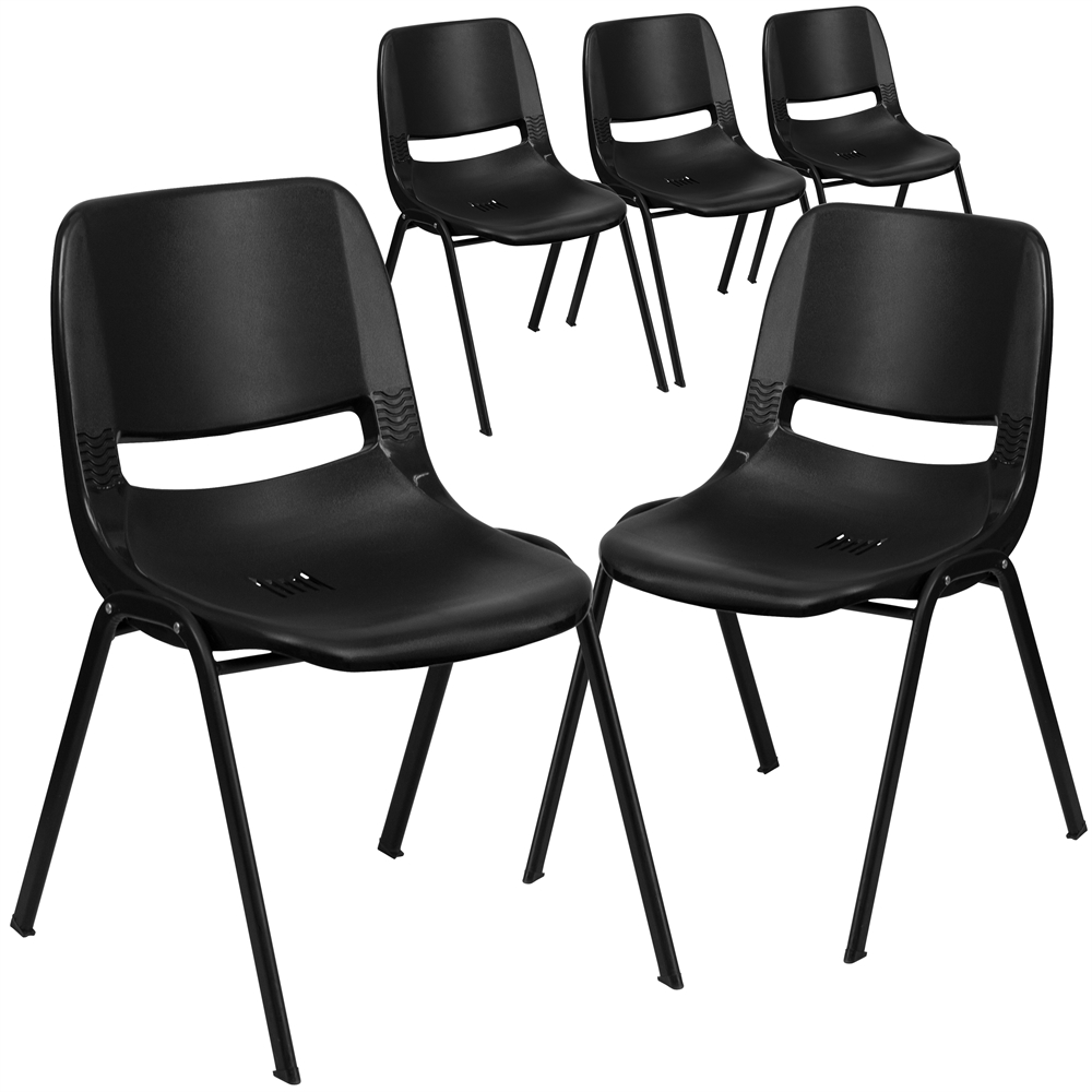 5 Pk. HERCULES Series 661 lb. Capacity Black Ergonomic Shell Stack Chair with Black Frame and 16'' Seat Height. Picture 1