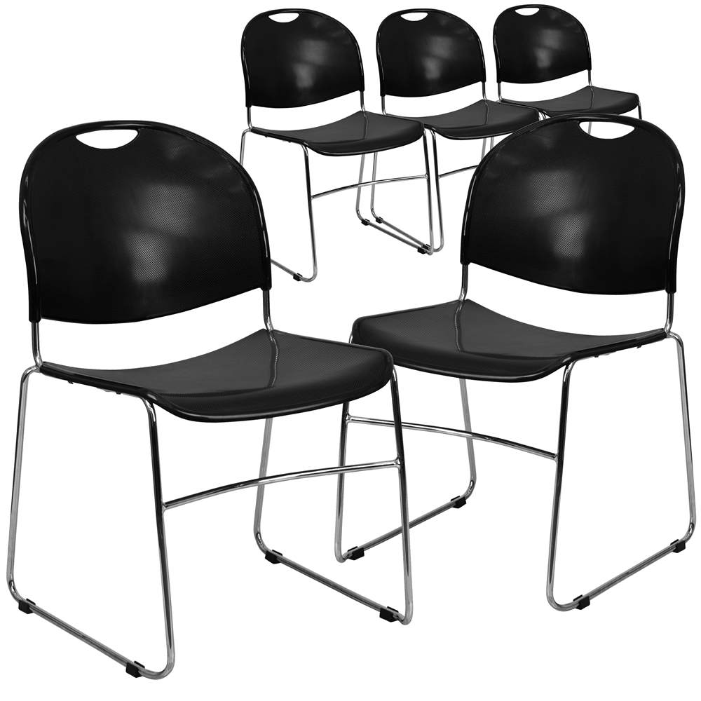 5 Pk. HERCULES Series 880 lb. Capacity Black Ultra Compact Stack Chair with Chrome Frame. Picture 1
