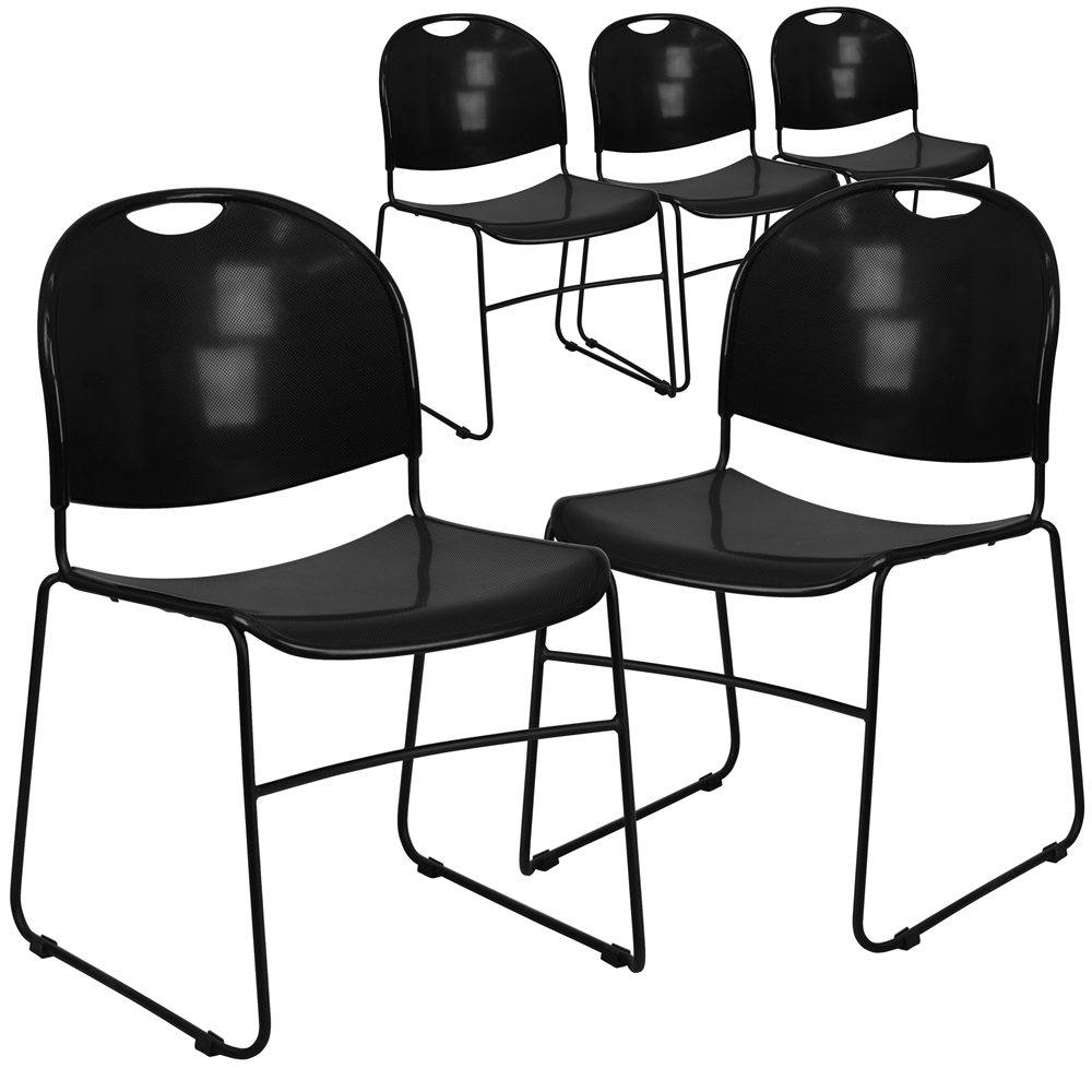 5 Pk. HERCULES Series 880 lb. Capacity Black Ultra Compact Stack Chair with Black Frame. The main picture.