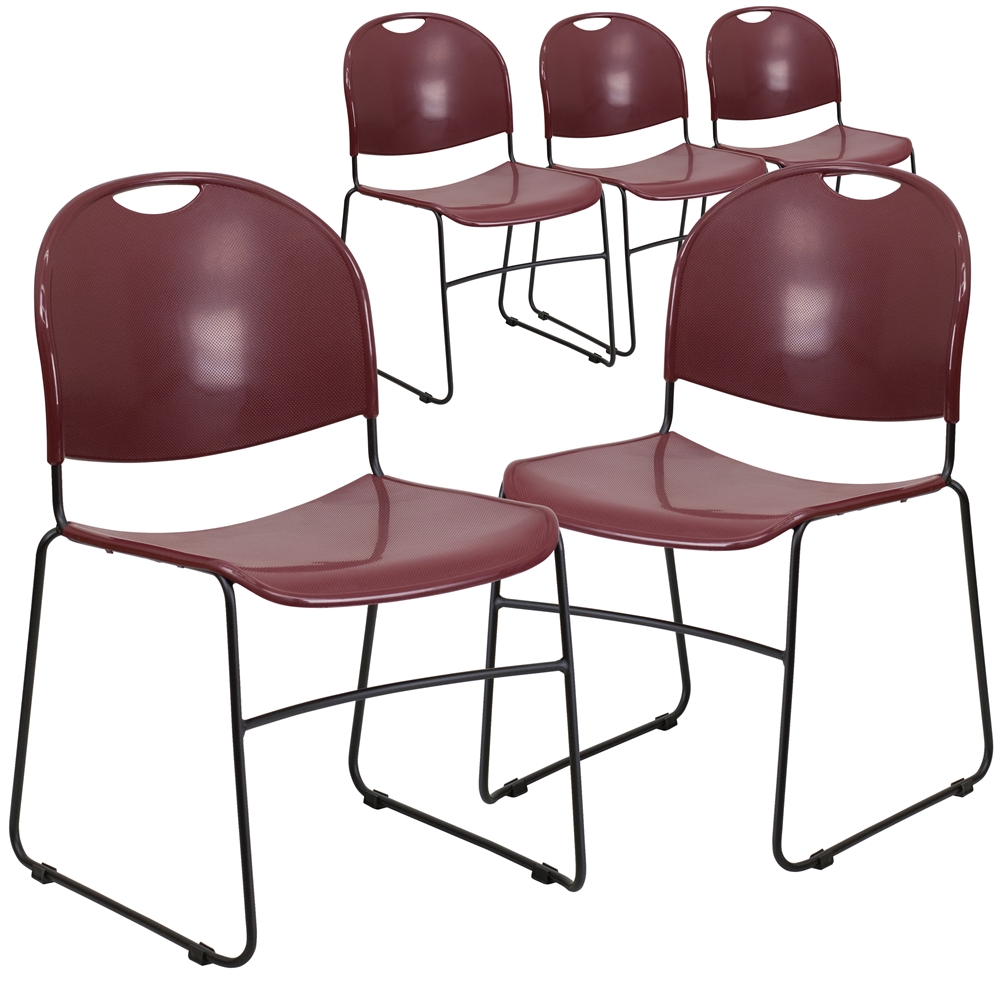 5 Pk. HERCULES Series 880 lb. Capacity Burgundy Ultra Compact Stack Chair with Black Frame. Picture 1