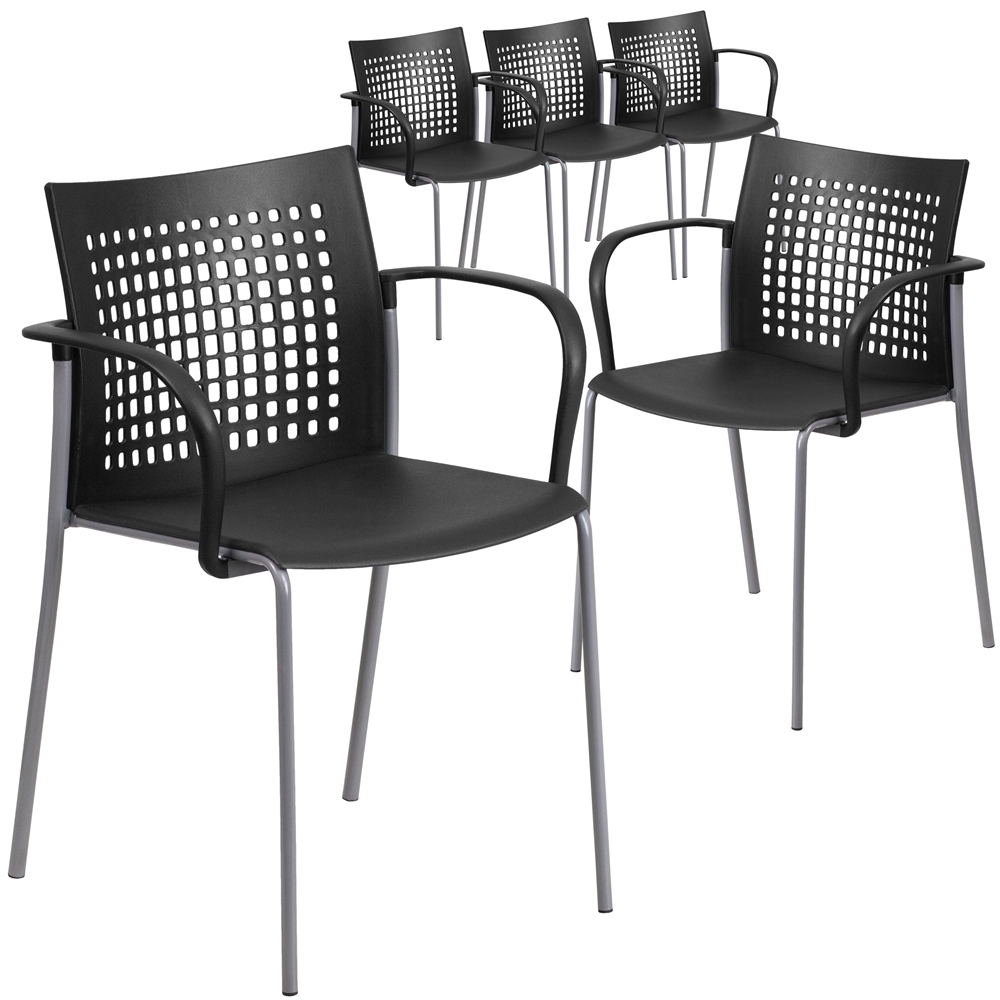 5 Pk. HERCULES Series 551 lb. Capacity Black Stack Chair with Air-Vent Back and Arms. The main picture.