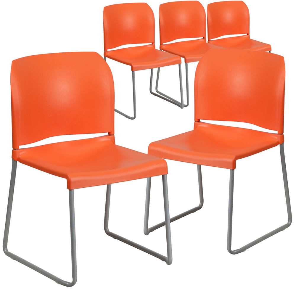 5 Pk. HERCULES Series 880 lb. Capacity Orange Full Back Contoured Stack Chair with Sled Base. Picture 1
