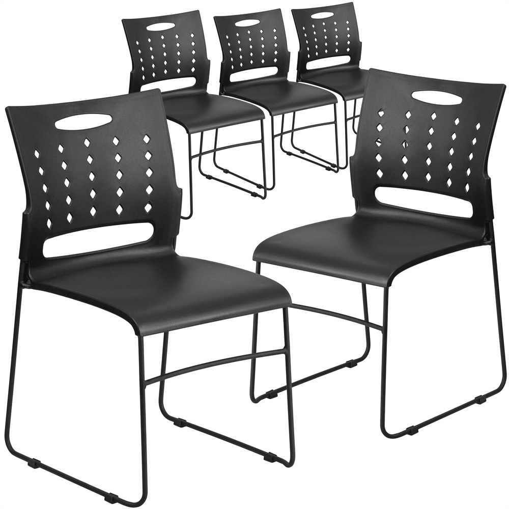 5 Pk. HERCULES Series 881 lb. Capacity Black Sled Base Stack Chair with Air-Vent Back. Picture 1