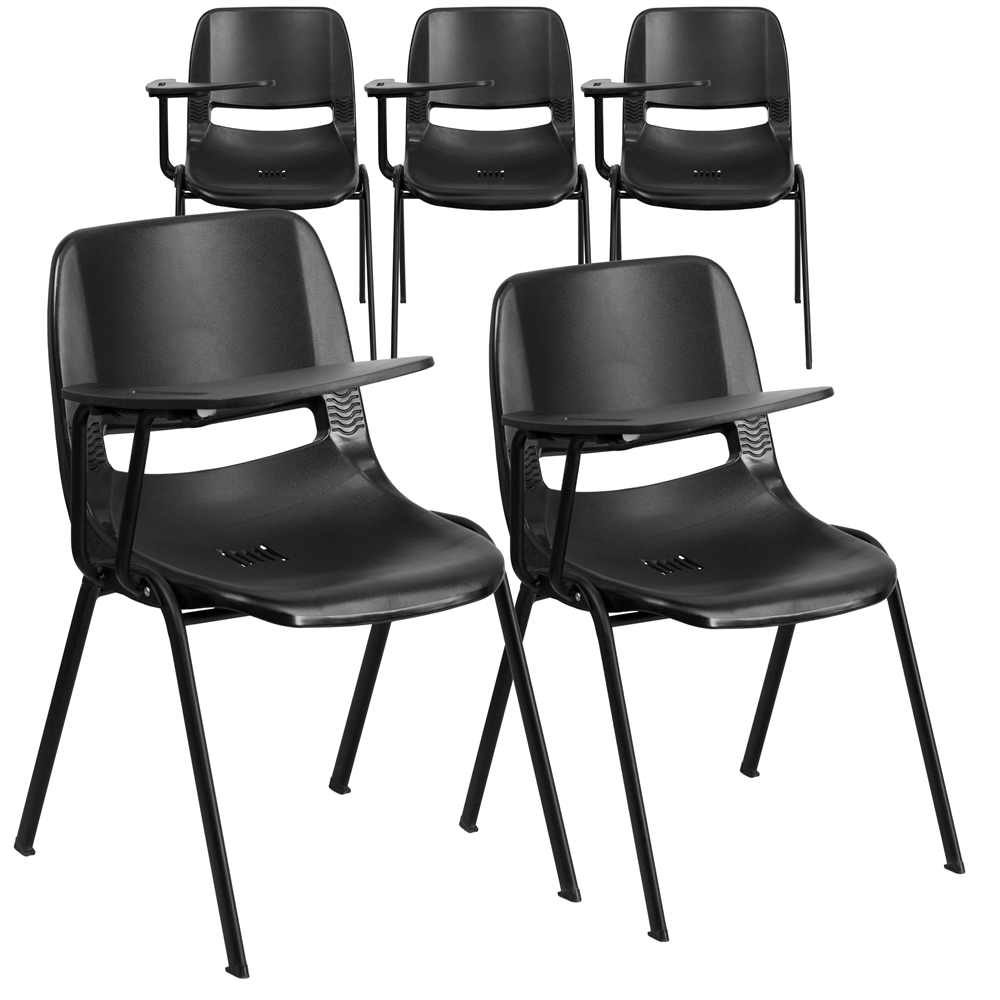 5 Pk. Black Ergonomic Shell Chair with Right Handed Flip-Up Tablet Arm. Picture 1