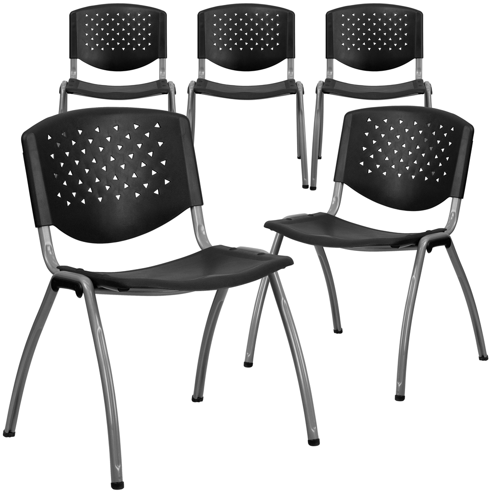 5 Pk. HERCULES Series 880 lb. Capacity Black Plastic Stack Chair with Titanium Frame. The main picture.