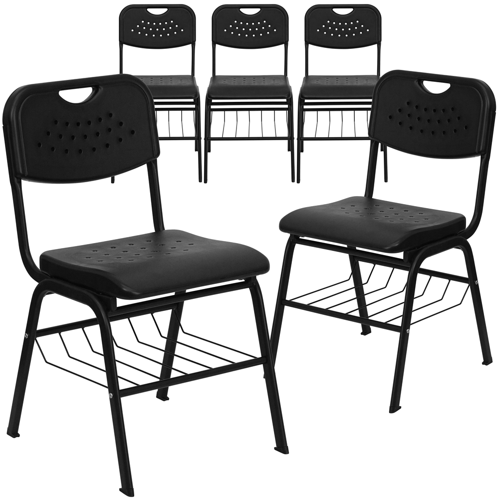 5 Pk. HERCULES Series 880 lb. Capacity Black Plastic Chair with Black Frame and Book Basket. Picture 1