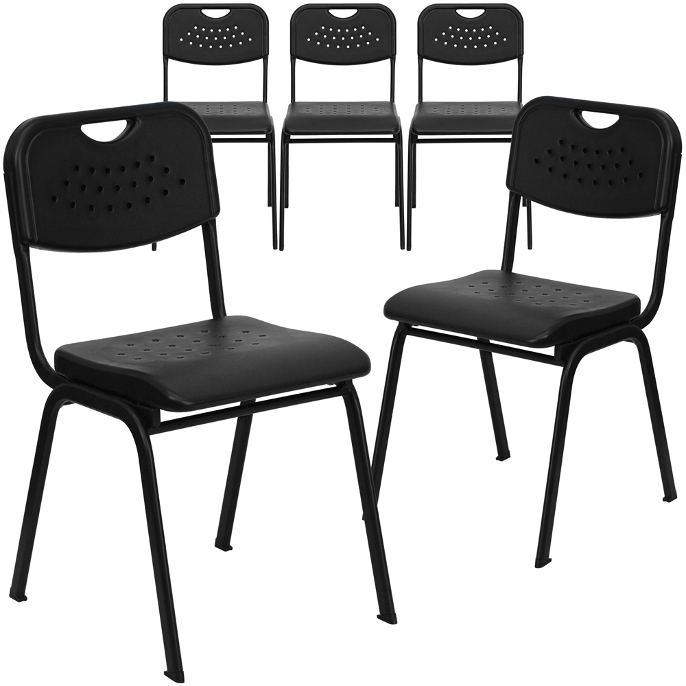 5 Pk. HERCULES Series 880 lb. Capacity Black Plastic Stack Chair with Black Frame. Picture 1
