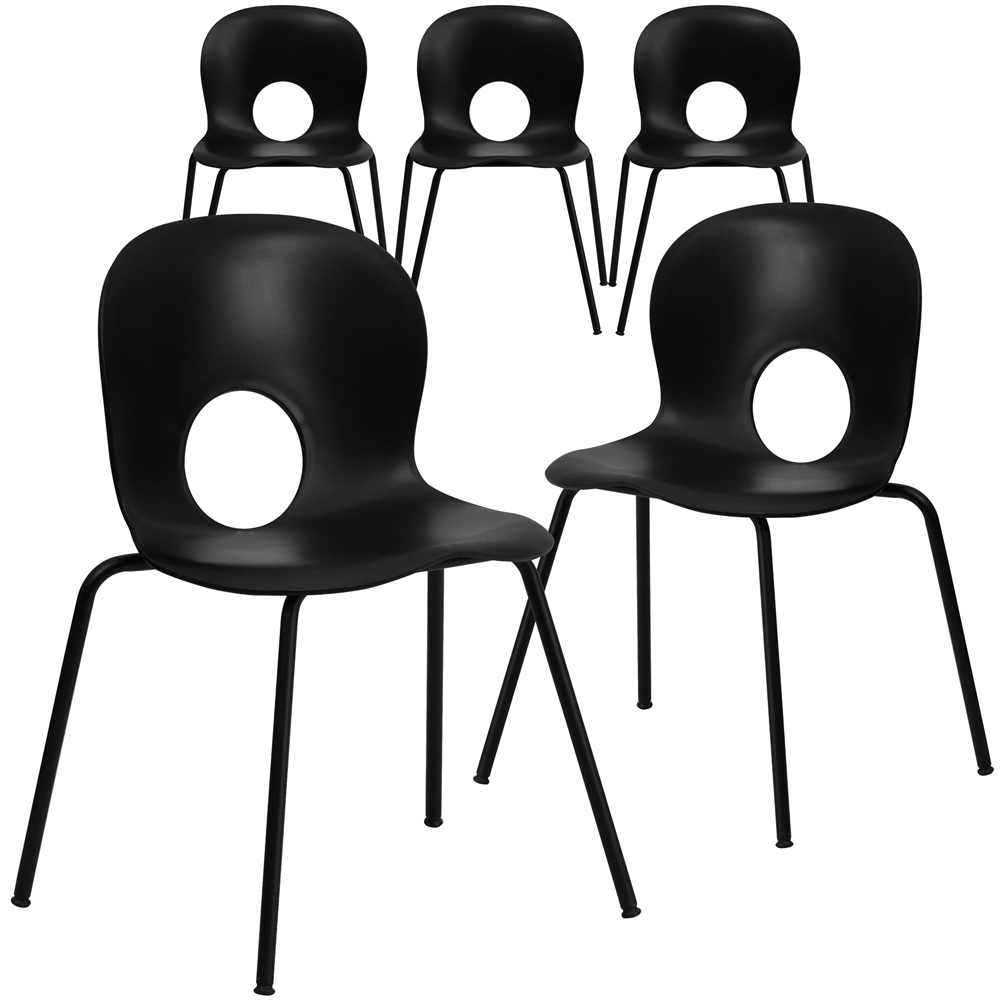 5 Pk. HERCULES Series 770 lb. Capacity Designer Black Plastic Stack Chair with Black Frame. Picture 1