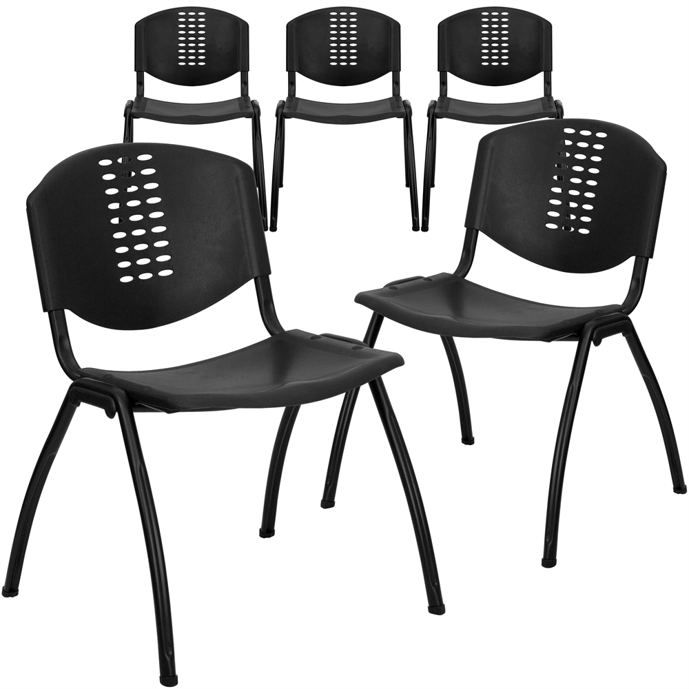 5 Pk. HERCULES Series 880 lb. Capacity Black Plastic Stack Chair with Black Frame. The main picture.