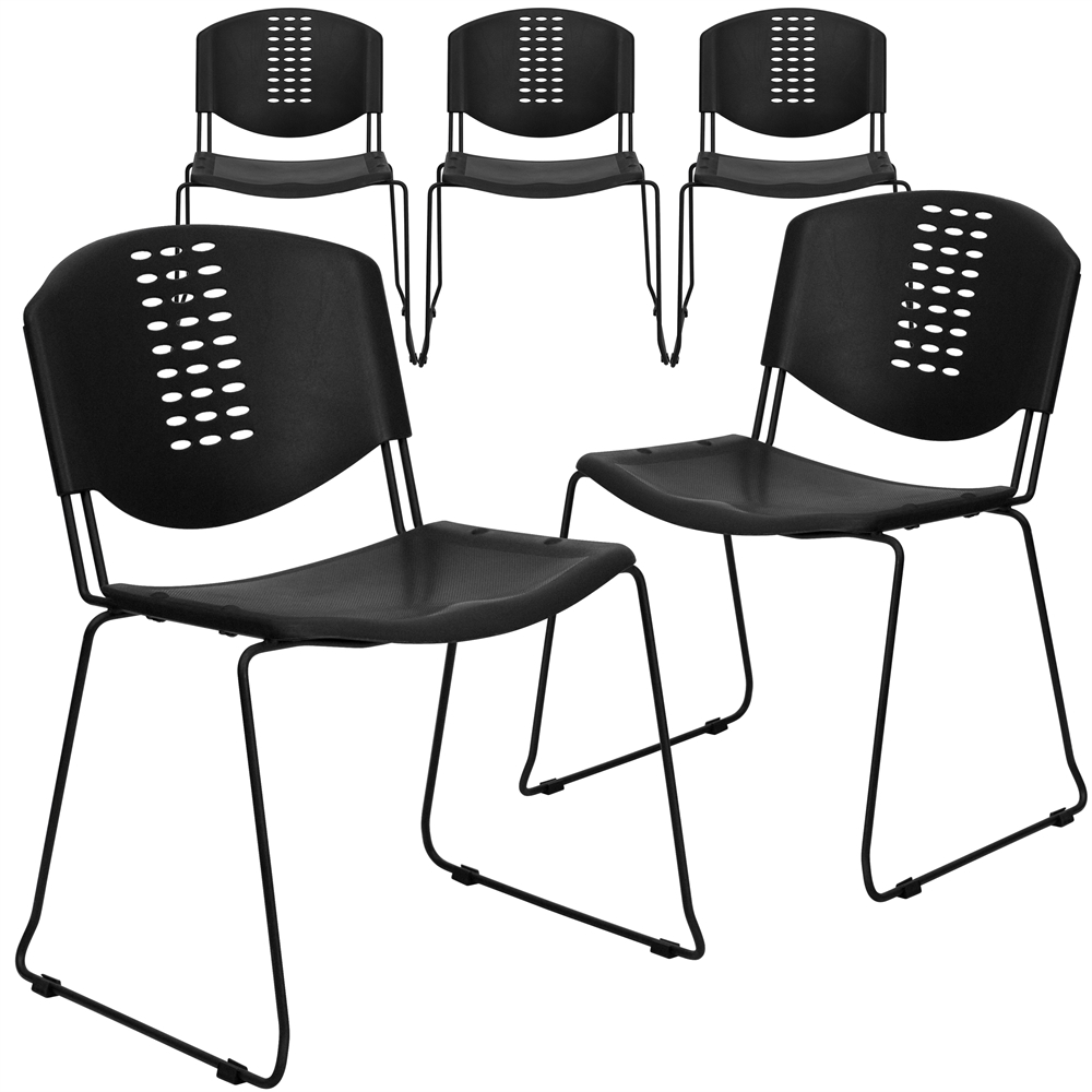 5 Pk. HERCULES Series 400 lb. Capacity Black Plastic Stack Chair with Black Frame. Picture 1