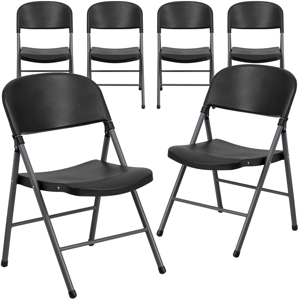6 Pk. HERCULES Series 330 lb. Capacity Black Plastic Folding Chair with Charcoal Frame. Picture 1