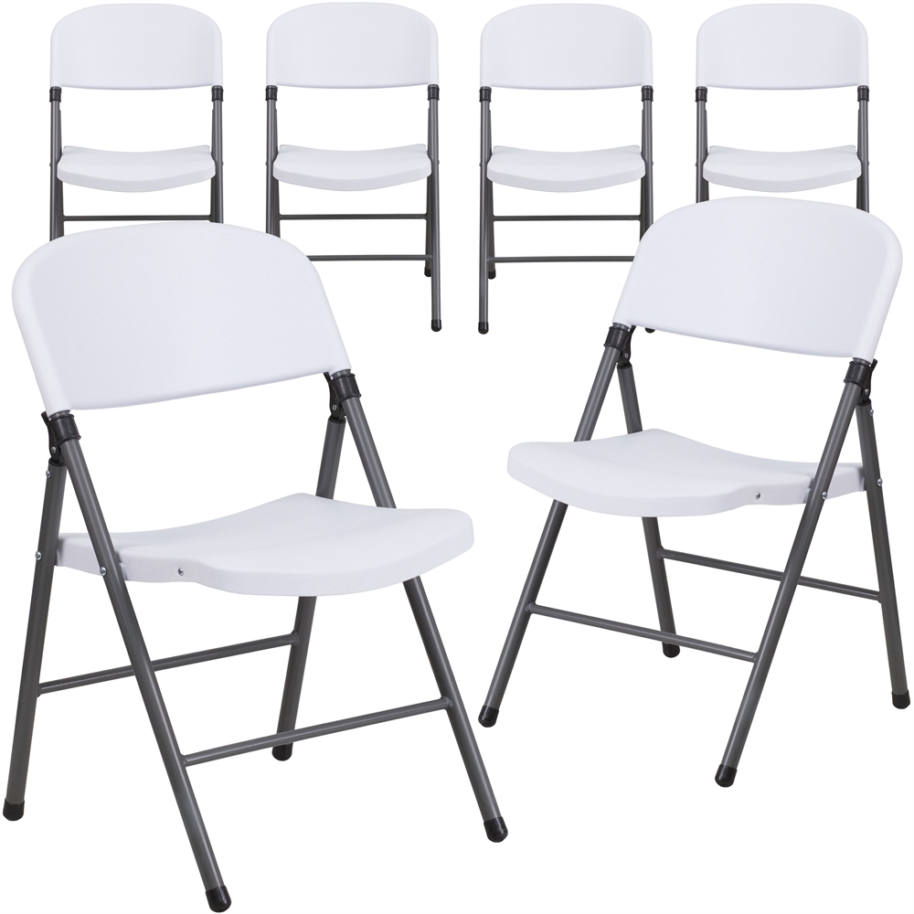 6 Pk. HERCULES Series 330 lb. Capacity White Plastic Folding Chair with Charcoal Frame. Picture 1