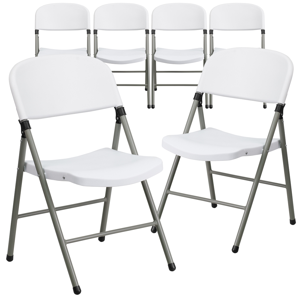 6 Pk. HERCULES Series 330 lb. Capacity White Plastic Folding Chair with Gray Frame. Picture 1