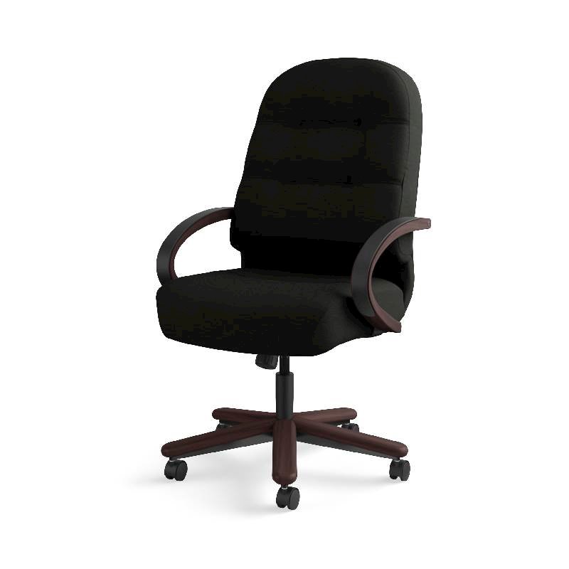 HON Pillow-Soft Executive High-Back Chair | Center-Tilt, Tension, Lock | Fixed Arms | Wood Trim | Mahogany Finish | Black Leather. Picture 14