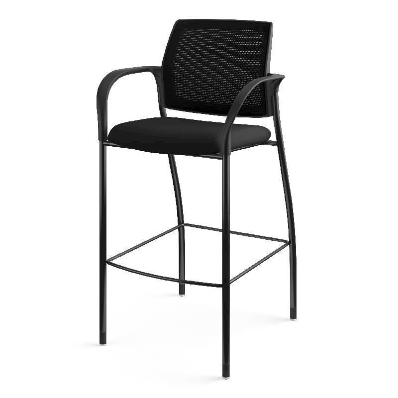 HON Ignition Cafe Height 4-Leg Stool | Fixed Arms | Glides | Black ilira-Stretch Mesh Back | Black Seat Fabric | Black Frame. Picture 14