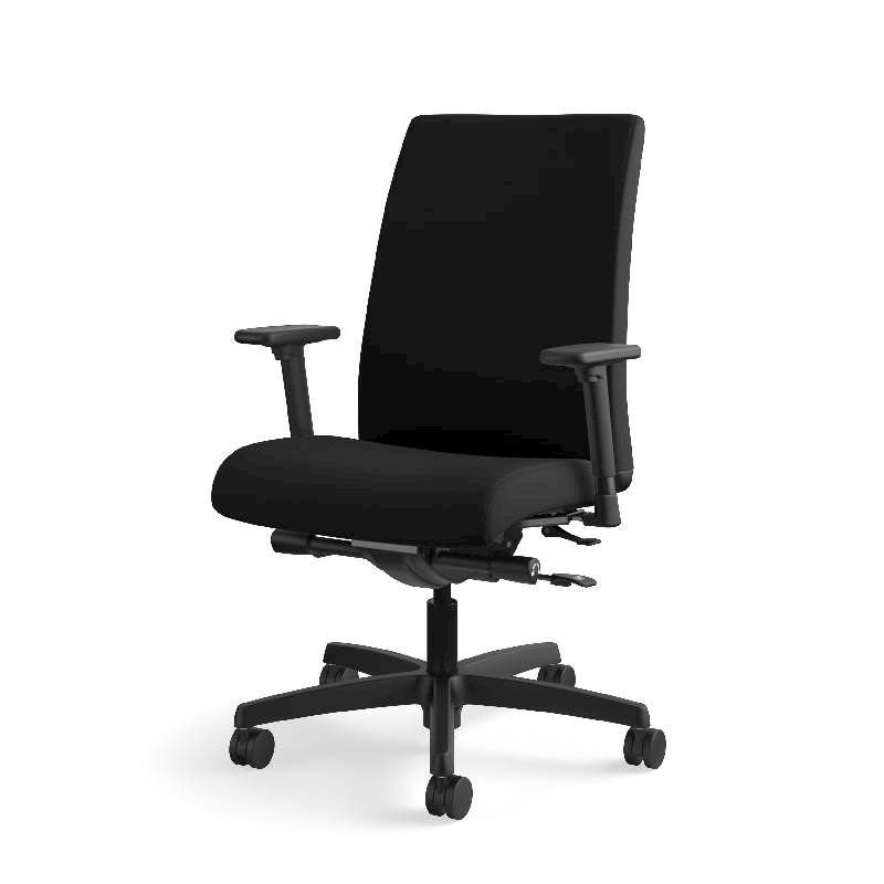 HON Ignition Mid-Back Task Chair | Height- and Width-Adjustable Arms | Hard Casters | Upholstered Back | Black Seat Fabric | Black Frame | Standard Base. Picture 14