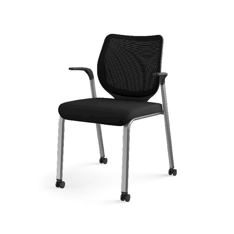 HON Nucleus Knit Back Stacking Chair | Fixed Arms | Glides | Black ilira-Stretch | Platinum Metallic Frame | Black Fabric. Picture 14