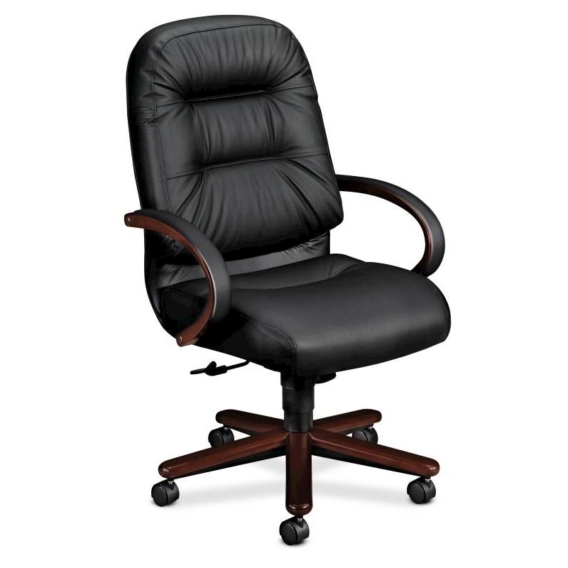 HON Pillow-Soft Executive High-Back Chair | Center-Tilt, Tension, Lock | Fixed Arms | Wood Trim | Mahogany Finish | Black Leather. Picture 1
