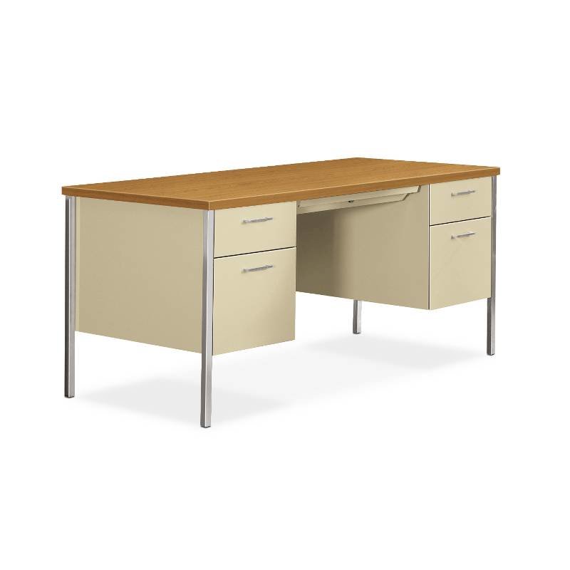 HON 34000 Series Double Pedestal Desk | 2 Box / 2 File Drawers | 60"W x 30"D x 29-1/2"H | Harvest Laminate | Putty Finish. Picture 1