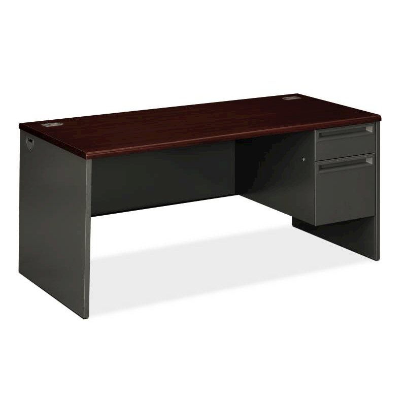 HON 38000 Series Right Pedestal Desk | 1 Box / 1 File Drawer | 66"W x 30"D x 29-1/2"H | Mahogany Laminate | Charcoal Finish. Picture 1