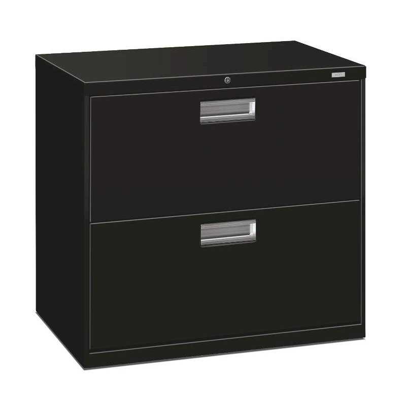 HON Brigade 600 Series Lateral File | 2 Drawers | Polished Aluminum Pull | 30"W x 19-1/4"D x 28-3/8"H | Black Finish. The main picture.
