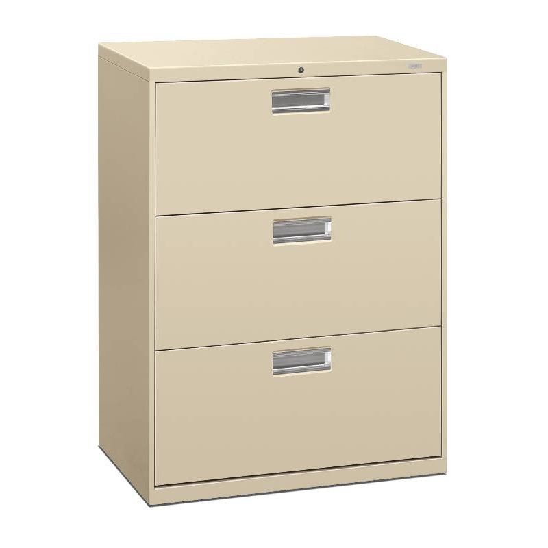 HON Brigade 600 Series Lateral File | 3 Drawers | Polished Aluminum Pull | 30"W x 19-1/4"D x 40-7/8"H | Putty Finish. The main picture.