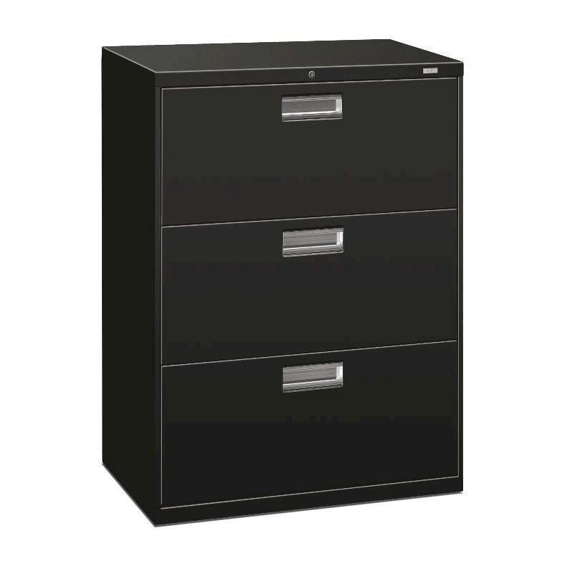 HON Brigade 600 Series Lateral File | 3 Drawers | Polished Aluminum Pull | 30"W x 19-1/4"D x 40-7/8"H | Black Finish. Picture 1